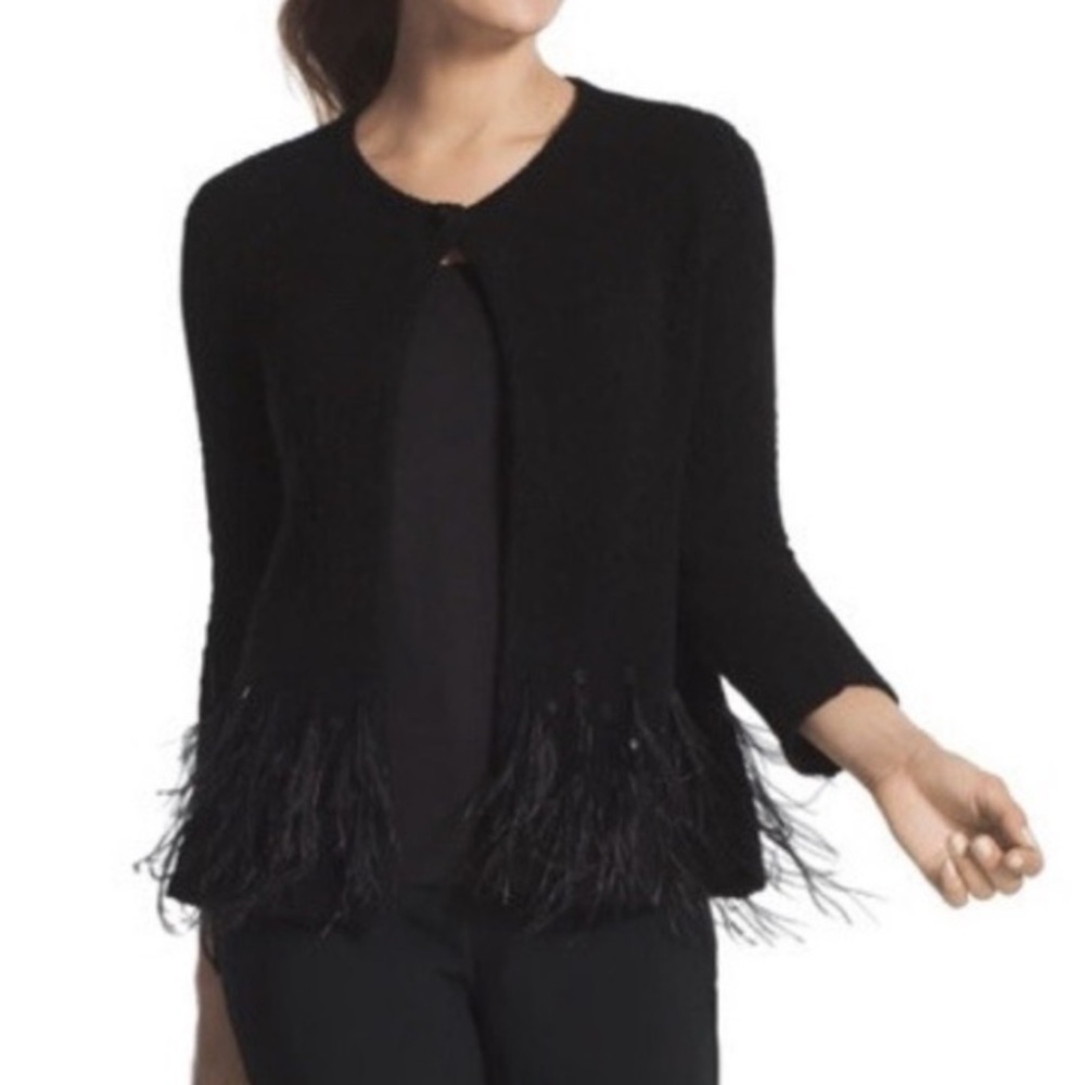 Chico’s Camilla Black Feather Sequins Cardigan Sweater. 3/4 Sleeve. EUC